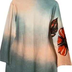 Womens Ombre Floral Sleeve Knit Top - Green & Peach